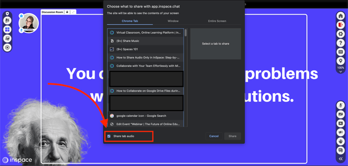 A screenshot of the share tab audio checkbox on the screensharing options popup in InSpace. 