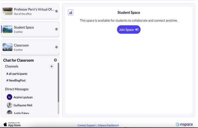 A screen capture of the InSpace LMS portal's Student Space.