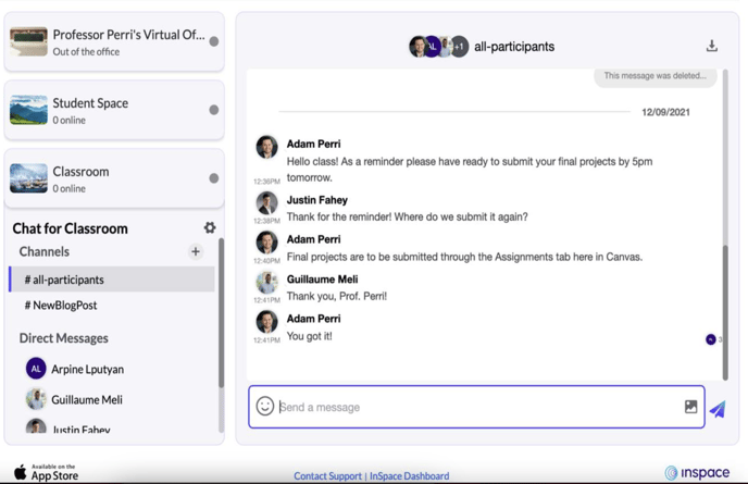 A screen capture of the InSpace LMS portal's persistent Chat.