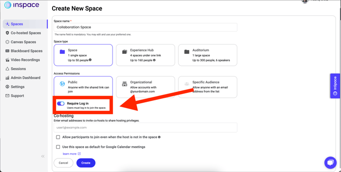 The InSpace Create Space page, with the new Require Log In toggle highlighted. 