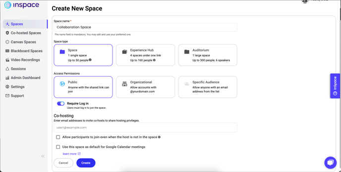A screen capture of the InSpace Create Space Dashboard